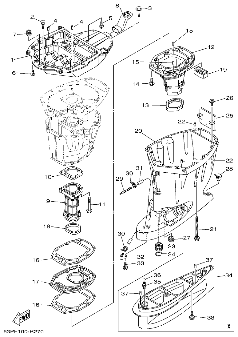 Yamaha F150FET, FL150FET UPPER CASING parts diagram